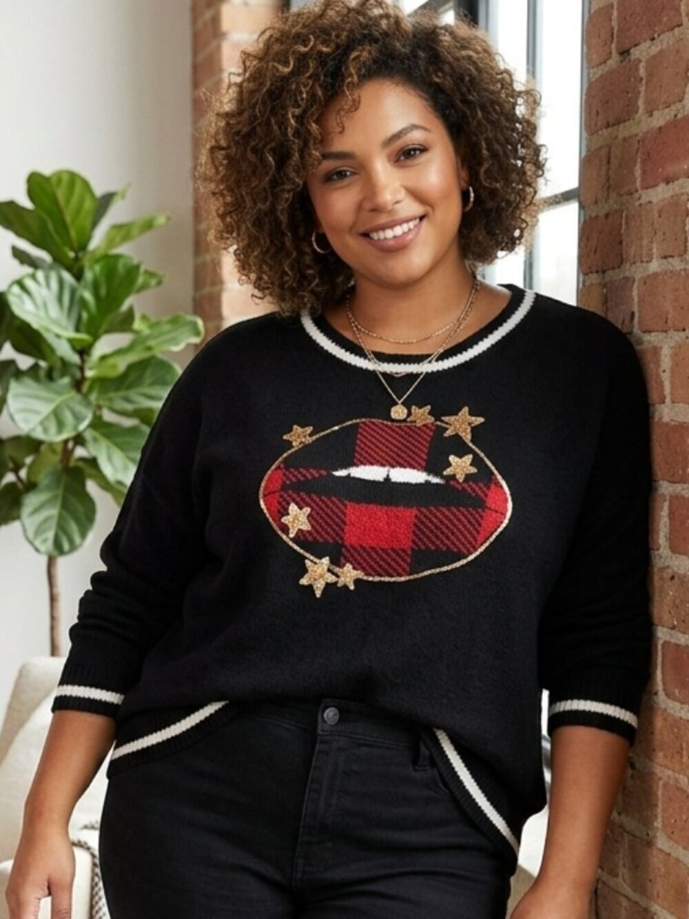 Torrid | Black Knit Kissable Red Plaid & Star-Accented Sweater 2